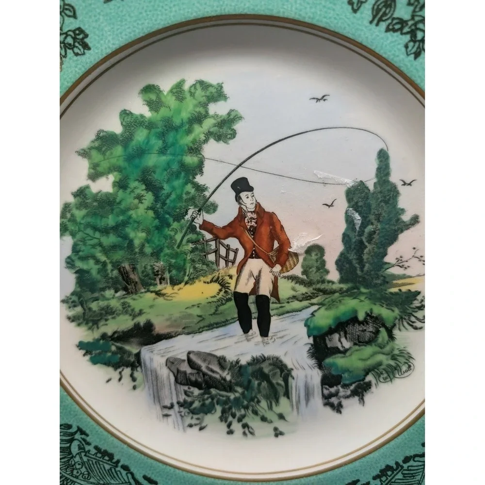 Royal Staffordshire Clarice Cliff Fly Fishing Dinner Plate Mint Green‎ Gold Gilt